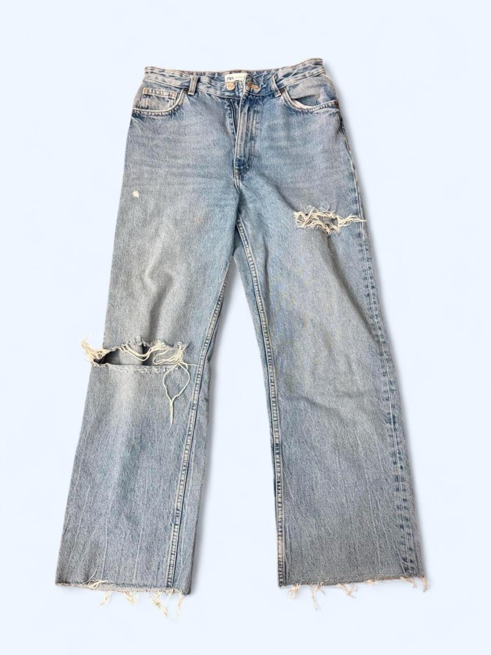 Zara Women's Light Blue Distressed Wide-Leg Jeans Size 6